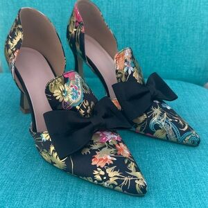 Floral Print Black Satin D'Orsay Pumps with Bow